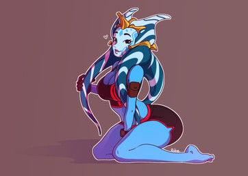 blue_body blue_skin cue_stick female kneeling looking_at_viewer simple_background solo sportswear rube star_wars snooker_(rube) alien togruta 2019