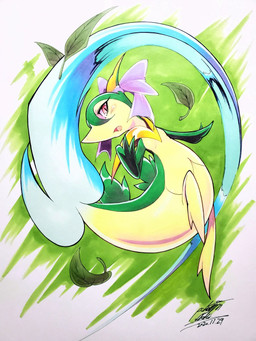 3_fingers action_pose ambiguous_gender anthro blush blush_lines eyelashes feral fingers flat_chested glistening glistening_body green_body leaf leaf_tail looking_aside_at_viewer looking_at_viewer markings multicolored_body neck_collar open_mouth pose raised_leg red_eyes ribbons simple_background snout solo swirl tail tan_body 025aki nintendo pokemon generation_5_pokemon pokemon_(species) servine 3:4 hi_res