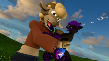 anthro clothing crop_top duo femboy male male/male meadow open_mouth oral_vore same_size_vore shirt size_difference soft_vore tongue topwear vore warmers kitsunaki_(artist) averysleepysheepy kitsunaki bovid canid canine caprine fox mammal rexouium sheep 16:9 2025 3d_(artwork) digital_media_(artwork) hi_res widescreen