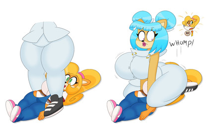 accessory anthro big_breasts big_butt blonde_hair blue_hair breast_jiggle breasts butt butt_jiggle curvy_figure death_by_facesitting duo eyeshadow facesitting female fur gameplay_mechanics green_eyes green_eyeshadow hair hair_accessory hair_bun hair_tie huge_breasts huge_butt huge_thighs jiggling larger_female lips lipstick looking_down lying makeup motion_lines multicolored_body multicolored_fur on_back onomatopoeia orange_body orange_fur pink_lipstick purple_eyes shocked sitting_on_another size_difference sleeveless_jacket smaller_female smile sound_effects tan_body tan_fur text thick_lips thick_thighs voluptuous voluptuous_anthro voluptuous_female wide_hipped_anthro wide_hipped_female wide_hips 3barts activision crash_bandicoot_(series) crash_team_racing_(series) coco_bandicoot megumi_bandicoot bandicoot mammal marsupial 2025 digital_drawing_(artwork) digital_media_(artwork) hi_res