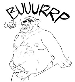 abdominal_bulge anthro beard belly belly_tuft big_belly chest_tuft clothing erection facial_hair genitals hat headgear headwear male male_pred open_mouth penis prey_outline same_size_vore tuft vore adrian_dough bear mammal monochrome