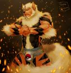 2013 abs anthro anthrofied arcanine athletic balls_outline beard biceps big_muscles biped black_body black_fur black_nose briefs bulge canid canine chest_tuft clothed clothing detailed_bulge facial_hair fur generation_1_pokemon genital_outline hair hi_res keeyrow lyin male mammal markings muscular muscular_anthro muscular_male nintendo orange_body orange_fur pecs penis_outline pockyrumz pokeball pokemon pokemon_(species) pokemorph pose simple_background solo standard_pokeball standing stripes topless tuft underwear vein whiskers white_body white_fur white_hair yellow_body yellow_eyes yellow_fur