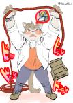 anthro blonde_hair blue_body blue_fur box brown_body brown_fur container fur hair male multicolored_body multicolored_fur red_eyes rope simple_background text two_tone_body two_tone_fur white_background white_body white_fur yu_chi_i lifewonders tokyo_afterschool_summoners fenrir_(tas) sitri_(tas) domestic_cat felid feline felis mammal japanese_text