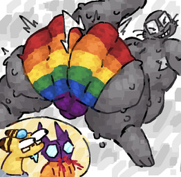 anthro armpit_hair big_butt blood bodily_fluids body_hair bulge bulging_eyes butt clothed clothing cutaway detailed_bulge drooling eyes_closed eyewear fur glasses grey_body grey_fur group huge_butt humor lgbt_pride male nosebleed pride_color_clothing pride_colors rear_view saliva simple_background smile sweat tail teeth trio twerking underwear underwear_only wearing_glasses whiskers scaliescum nintendo pokemon dusty_(motherfan31) sabes ampharos aquatic generation_2_pokemon generation_3_pokemon mammal pinniped pokemon_(species) sableye seal aliasing digital_media_(artwork) hi_res