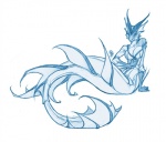 anthro big_breasts breasts female non-mammal_breasts reclining simple_background smile solo split_form suggestive tail redbeanviolin mythology dragon hybrid marine merfolk mythological_creature mythological_scalie scalie monochrome sketch