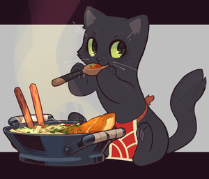 ambiguous_gender black_body black_eyes black_fur clothed clothing cutlery eating feral food fur green_sclera holding_object kitchen_utensils looking_at_viewer noodles pawpads paws ramen simple_background sitting solo spoon tools whiskers britzmark domestic_cat felid feline felis mammal 2023 digital_drawing_(artwork) digital_media_(artwork)