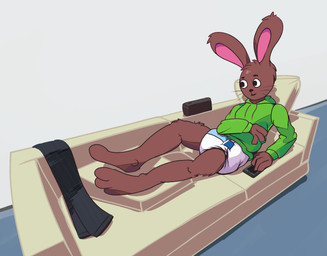 anthro barefoot big_ears bottomwear brown_body brown_fur cellphone clean_diaper clothed clothing cushion diaper electronics feet fur furniture hoodie inside lying male on_back pants phone smartphone sofa solo speaker topwear wearing_diaper whiskers extry lagomorph leporid mammal rabbit 2019 hi_res