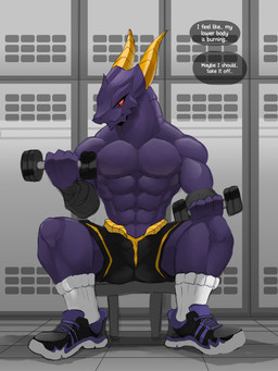 abs anthro black_bottomwear black_clothing black_shorts bottomwear clothed clothing dumbbell exercise footwear holding_dumbbell holding_object horn male muscular muscular_anthro muscular_male pecs purple_body red_eyes shoes shorts sitting sneakers socks solo spread_legs spreading text thought_bubble topless topless_anthro topless_male weightlifting weights workout yellow_horn sellon bakugan mythology percival_(bakugan) dragon mythological_creature mythological_scalie scalie 2022 3:4 absurd_res digital_media_(artwork) english_text hi_res