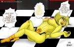14:9 5_fingers after_orgasm animatronic anthro avian beak bird blonde_hair blush bodily_fluids breasts checkered checkered_floor chica_(fnaf) chicken comic crossgender cum cum_on_belly cum_on_body cum_on_breasts cum_on_self discordmelody end_page english_text feathers fingers five_nights_at_freddy's galliform gallus_(genus) genital_fluids genitals gynomorph hair hi_res humanoid_genitalia humanoid_penis intersex machine metal_tongue nipples non-mammal_breasts on_ground orange_penis penis phasianid pink_eyes profanity robot scottgames solo straps tail tail_feathers text url yellow_body