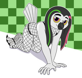 3_toes abstract_background all_fours anthro claws clothing feet fishnet_clothing looking_at_viewer male pasties purple_eyes solo toes yellow_sclera aaron_amethyst aaron_amethyst_(character) avian bird horned_owl owl snowy_owl true_owl absurd_res hi_res