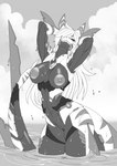 anthro armor black_sclera breasts clothed clothing cybernetics female fin genitals grin hair looking_at_viewer machine navel nipples non-mammal_breasts outside partially_clothed pussy smile solo water wet white_hair alanscampos digos digos-01 cyborg fish marine shark greyscale hi_res monochrome