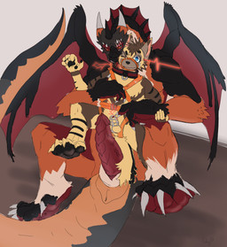 animal_genitalia anthro bite black_body black_scales chastity_cage chastity_device claws collar digitigrade duo electricity electricity_manipulation elemental_manipulation erection eye_scar facial_scar full_foot_pawpads full_pad genitals harness horn male neck_bite orange_body orange_eyes orange_scales padded_palms pawpads paws penis red_body red_pawpads red_scales red_soles scales scar sheath size_difference tail wings rdy zgf_art mythology ra'zim aardwolf dragon hyena mammal mythological_creature mythological_scalie scaled_dragon scalie 2026 absurd_res hi_res