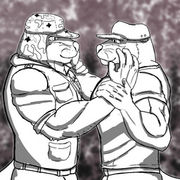 anthro bodily_fluids bottomwear clothing duo hat headgear headwear male male/male muscular muscular_male muscular_on_muscular pants side_view simple_background smile standing tears sindo_(artist) echo_(game) echo_(series) echo_project mr._bronson sydney_bronson humanoid mammal mustelid otter 1:1 monochrome shaded father_(lore) father_and_child_(lore) father_and_son_(lore) parent_(lore) parent_and_child_(lore) parent_and_son_(lore) son_(lore)