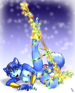 accessory anal anal_penetration anthro armor barefoot biped blue_body blue_fur blue_hair bracelet breasts candy candy_cane christmas_decorations christmas_lights circlet dessert feet female food food_fetish food_in_ass food_in_pussy food_insertion food_play fur furgonomics genitals green_eyes hair holidays improvised_sex_toy jewelry krystal's_staff leg_markings legband markings melee_weapon necklace nipples nude penetration polearm short_hair solo spread_legs spreading staff string_lights tail tail_accessory tailband vaginal vaginal_penetration vambrace vulva weapon white_body white_fur joe_randel christmas nintendo star_fox krystal_(star_fox) canid canine fox mammal 2009