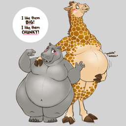 4_fingers anthro belly big_belly blush blush_lines dialogue duo female fingers fur hand_on_belly hand_on_shoulder hooves horn male markings navel nude obese obese_anthro obese_female obese_male open_mouth overweight overweight_anthro overweight_female overweight_male sound_effects speech_bubble spots spotted_body spotted_fur standing teeth text thick_thighs wide_hips wobbling wobbling_belly dragontzin dreamworks madagascar_(series) gloria_(madagascar) melman_(madagascar) common_hippopotamus giraffe giraffid hippopotamid mammal 1:1 2025 english_text hi_res