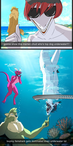 anthro balls beach breasts bubble butt dialogue eyewear female genitals group horn male nipples nude nude_anthro nude_beach nude_female nude_male penis prank recording screaming sunglasses swimming tail text trio underwater water thewyvernsweaver discovery_channel get_rotated_idiot instant_loss_2koma shark_week snapchat alex_lcut kaelan tori_(lcut) blacktip_reef_shark carcharhinus fish gulonine kobold mammal marine marten mustelid musteline pine_marten reef_shark requiem_shark scalie shark 2025 absurd_res comic english_text hi_res