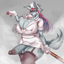 anthro balls baseball_bat bat_(object) big_balls big_breasts big_penis blood blood_in_mouth blood_on_clothing blood_on_face blood_on_hand bodily_fluids breasts clothing cosplay female genitals hair heterochromia huge_breasts intersex multicolored_hair nurse nurse_clothing nurse_uniform penis solo thick_thighs uniform spelledy konami silent_hill coldy_the_wolf undead zombie hi_res