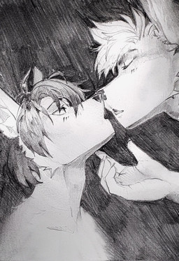 anthro cheek_tuft duo eyes_closed facial_tuft hair imminent_kiss male male/male messy_hair nude open_mouth short_hair side_view simple_background tuft unsigned akatan_art canid mammal hi_res monochrome traditional_media_(artwork)