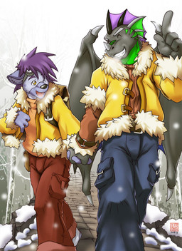 4_fingers anthro backpack biceps black_nose blue_body blue_clothing blue_fur bottomwear breath cargo_pants clothing cold duo eyes_closed eyewear fingers fur gesture goggles green_markings grey_body grey_scales hair hand_gesture hand_holding horn interlocked_fingers male male/male markings membrane_(anatomy) membranous_wings muscular one_eye_closed open_mouth orange_clothing outside pants purple_hair raised_finger raised_index_finger scales shirt size_difference smile snow teeth topwear wings wink yellow_clothing yellow_eyes wolver_mustang mythology crome preyfar dragon hyena mammal mythological_creature mythological_scalie scalie spotted_hyena