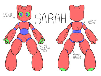 3_toes 4_fingers ambiguous_gender anthro big_feet big_hands blue_eyes butt digitigrade featureless_crotch feet fingers front_and_back front_view green_pawpads green_sclera handpaw hindpaw looking_at_viewer machine null null_bulge pawpads paws pear-shaped_figure pointy_ears prick_ears rear_view red_body smile smiling_at_viewer solo standing tailless text toes wide_hips dreamscreep sarah_(dreamscreep) domestic_cat felid feline felis mammal robot 4:3 absurd_res digital_media_(artwork) english_text handwritten_text hi_res model_sheet procreate_(artwork) female_(lore) nonbinary_(lore)