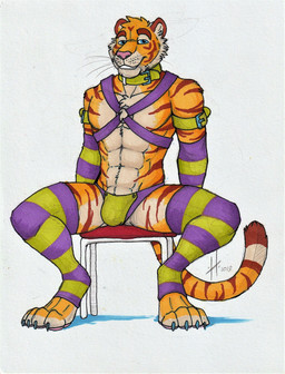 abs anthro armwear blue_eyes bulge cheek_tuft chest_tuft clothed clothing crossdressing facial_tuft front_view fur green_armwear green_clothing green_legwear grin harness legwear looking_at_viewer male male_anthro markings muscular muscular_anthro muscular_male orange_body orange_fur pattern_armwear pattern_clothing pattern_legwear pecs pink_nose purple_armwear purple_clothing purple_harness purple_legwear simple_background sitting smile solo spread_legs spreading striped_arms striped_armwear striped_body striped_clothing striped_fur striped_legs striped_legwear striped_markings striped_tail stripes tail tail_markings tan_body tan_fur tuft whiskers white_background hufnaar felid mammal pantherine tiger 2018 dated hi_res signature