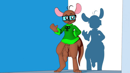 3_toes anthro balls barefoot big_butt black_eyes blinking bottomless bottomless_anthro bottomless_male brown_balls brown_body brown_ears brown_fur brown_penis brown_tail butt clothed clothing eyewear feet flaccid fur genitals glasses green_clothing green_sweater green_topwear male male_anthro penis pink_inner_ear rectangular_glasses shadow smile solo standing sweater sweater_only tail toes topwear topwear_only vein veiny_penis fanfurry cloud_(fanfurry) kangaroo macropod mammal marsupial 16:9 2024 3d_(artwork) 3d_animation animated digital_media_(artwork) no_sound webm widescreen