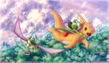 ambiguous_gender backpack clothing cloud day flying footwear group open_mouth open_smile plant smile text tree wings ja-punkster mario_bros nintendo pokemon dragonite flygon generation_1_pokemon generation_3_pokemon green_yoshi pokemon_(species) yoshi crossover url