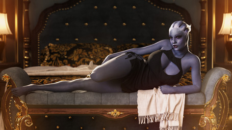 bed big_breasts blue_body blue_eyes blue_skin breasts clothing dress feet female furniture glistening lamp lying not_furry on_side solo wide_hips otacon212 bioware electronic_arts mass_effect liara_t'soni alien alien_humanoid asari humanoid 16:9 2026 3d_(artwork) 4k absurd_res digital_media_(artwork) hi_res widescreen