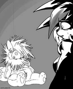 anthro bodily_fluids doll female nervous paranoid plushie solo sweat conditional_dnp skoon nintendo pokemon cookie_(skoon) eevee generation_1_pokemon generation_7_pokemon hybrid lycanroc midnight_lycanroc pokemon_(species) 2025 hi_res monochrome trans_(lore) trans_woman_(lore)