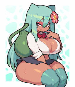 accessory alternative_fashion belly big_breasts bodily_fluids bottomwear breasts cleavage clothed clothed_female clothed_humanoid clothing colored_nails crop_top curvy_figure cute_fangs dark_body dark_skin eyeshadow fangs female female_humanoid fingers flower flower_in_hair green_hair gyaru hair hair_accessory humanoidized j-fashion kogal legwear long_hair makeup midriff miniskirt nails navel pink_nails plant pupils red_eyes shirt skirt slit_pupils small_waist smile solo sweat teeth tentacles thick_thighs thigh_highs topwear tsurime vine_tentacles adnyc gyaru_bulbasaur_(meme) nintendo pokemon animal_humanoid bulbasaur elemental_creature elemental_humanoid flora_fauna generation_1_pokemon humanoid plant_humanoid pokemon_(species) pokemon_humanoid 2026 absurd_res hi_res