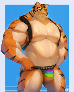 anthro barazoku big_muscles big_pecs bulge clothing ear_piercing huge_muscles jockstrap lgbt_pride male muscular muscular_male nipple_piercing nipples overweight pecs piercing pride_color_clothing pride_color_jockstrap pride_color_underwear pride_colors rainbow_pride_colors solo straps underwear cyplasticc epic_games fortnite lgbt_pride_month pri(demon)th oscar_(fortnite) felid mammal pantherine tiger absurd_res hi_res