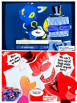 anthro bottomless caine_censorship censor_bar clothed clothing detailed_background e621_tags gloves handwear hat headgear headwear mascot red_clothing red_topwear shirt smile solo t-shirt teeth text topwear white_clothing white_gloves white_handwear conditional_dnp thewitchofart e621 glitch_productions the_amazing_digital_circus caine_(tadc) esix scratch_(tadc) bird_dog canid canine canis domestic_dog humanoid hunting_dog labrador mammal mouth_creature retriever absurd_res comic english_text hi_res