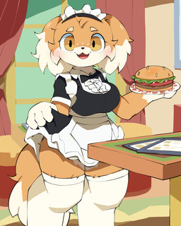 anthro black_bow_tie bow_tie breasts burger clothed clothed_anthro clothed_female clothing curtains cute_fangs detailed_background fangs female female_anthro fingers food fur furniture legwear looking_at_viewer maid_headdress maid_uniform multicolored_body multicolored_fur open_mouth open_smile smile solo table tail tan_body tan_fur teeth thigh_highs uniform white_clothing white_legwear white_sclera white_thigh_highs abyss_creature_(artist) canid canine mammal 2025 4:5 absurd_res digital_media_(artwork) hi_res korean_description portrait three-quarter_portrait