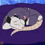 anthro clothed clothing eyes_closed fur male pink_nose sleeping solo tail teeth white_body white_fur foxenawolf algernon_(half-lite) american_opossum mammal marsupial virginia_opossum 1:1