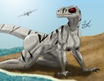 aircraft airplane angry anthro beach crawling female nipples sand sea seaside solo striped_body stripes sun vehicle water white_body lindwormduality jurassic_park jurassic_world jurassic_world:_dominion universal_studios ghost_(jurassic_world_dominion) atrociraptor dinosaur dromaeosaurid prehistoric_species reptile scalie theropod absurd_res hi_res