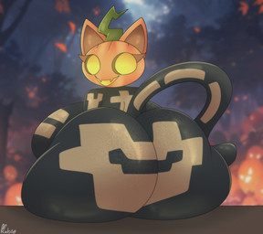 anthro back_boob big_breasts big_butt breasts butt butt_focus cat_tail detailed_background empty_eyes female food for_a_head fruit huge_breasts huge_butt jack-o'-lantern looking_at_viewer looking_back looking_back_at_viewer plant pointy_ears prick_ears pumpkin pumpkin_head rear_view solo rabiobunny epic_games fortnite spice_(fortnite) felid feline mammal object_head hi_res signature