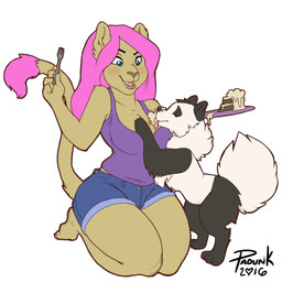 anthro bottomwear breast_lick breast_play breasts cake cleavage clothed clothing cutlery dessert duo female feral food forepaw_on_breast forepaw_on_chest fork fur hair hotpants kitchen_utensils licking pink_hair shirt shorts simple_background smile tank_top tongue tongue_out tools topwear padunk canid canine canis domestic_dog felid lion mammal pantherine 1:1 2016 absurd_res digital_media_(artwork) hi_res