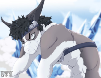 anthro bandage bandaged_head big_ears black_hair cosplay feral fog fur grey_body grey_fur grey_markings hair ice looking_at_viewer low-angle_view male markings mask short_hair sky smoke solo white_body white_fur shyryp naruto zabuza canid canine canis domestic_dog mammal 2026 digital_media_(artwork) hi_res shaded