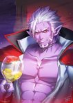 abs beverage clothed clothing container cup drinking_glass facial_hair fangs glass glass_container glass_cup hair holding_wine_glass humanoid_pointy_ears jewelry male muscular muscular_humanoid muscular_male necklace not_furry open_clothing open_topwear pecs pointy_ears purple_body red_eyes solo teeth topwear white_hair wine_glass waku2xwaku2 nijisanji vtuber gilzaren_iii humanoid vampire hi_res signature