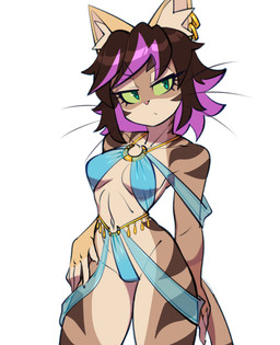 anthro bikini brown_hair clothing ear_piercing ear_ring female hair half-closed_eyes harem_outfit highlights_(coloring) markings narrowed_eyes piercing ring_piercing skimpy_bikini solo striped_markings stripes swimwear thong two-piece_swimsuit underwear xuao yala_(xuao) domestic_cat felid feline felis mammal hi_res