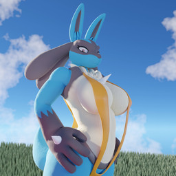 4_fingers anthro black_markings blue_body blue_fur breasts chest_spike clothing cloud female fingers fur grass hand_spike markings one-piece_swimsuit plant sling_bikini solo spikes spikes_(anatomy) swimwear oleanderin shiapra_(modeler) nintendo pokemon generation_4_pokemon lucario pokemon_(species) 1:1 2023 3d_(artwork) digital_media_(artwork) hi_res