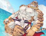 abs anthro biceps big_muscles biped clothing cloud countershading fur hair huge_muscles humanoid_hands male markings muscular muscular_anthro muscular_male nipples orange_body orange_fur pecs sea sky solo striped_body striped_fur striped_markings striped_tail stripes swimwear tail tail_markings water white_body white_fur lucusold nekojishi studio_klondike lin_hu felid mammal pantherine tiger absurd_res hi_res signature