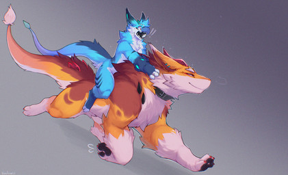 accessory anthro black_collar black_mouth black_pawpads blue_body blue_fur claws collar countershading digitigrade duo exclamation_point feral fluffy fluffy_tail fur grey_background horn male nude_anthro open_mouth pawpads paws red_claws red_horn riding riding_on_back running screaming simple_background smug tail tail_tuft teeth tuft white_body white_countershading yellow_body yellow_fur hartomiel mythology chrisk_(hartomiel) kori_(korihelado) dragon furred_dragon furred_scalie mythological_creature mythological_scalie scalie digital_media_(artwork) film_grain hi_res