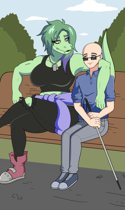 anthro bald bench biceps big_breasts black_bottomwear black_clothing black_crop_top black_lipstick black_pants black_shirt black_topwear blue_clothing blue_shirt blue_topwear bottomwear breasts canon_couple clothed clothed_anthro clothed_female clothed_human clothed_male clothing crop_top crossed_legs day dog_tags duo eyelashes eyeshadow eyewear female fingers footwear grass green_body green_hair grey_bottomwear grey_clothing grey_eyes grey_pants hair happy head_turned highlights_(coloring) hoodie hoodie_around_waist human_on_anthro humanoid_hands interspecies larger_anthro larger_female lipstick long_eyelashes long_hair looking_at_another makeup male male/female muscular muscular_anthro muscular_female non-mammal_breasts outside pants plant purple_clothing purple_eyeshadow purple_hair purple_hoodie purple_topwear romantic romantic_couple shirt shoes side_hug sitting size_difference sky smaller_human smaller_male smile sunglasses tail topwear torn_bottomwear torn_clothing torn_pants tree walking_stick yellow_sclera rumydaigo cavemanon_studios i_wani_hug_that_gator inco_(iwhtg) olivia_halford baryonyx dinosaur human mammal prehistoric_species reptile saurischian scalie spinosaurid theropod 3:5 colored hi_res shaded