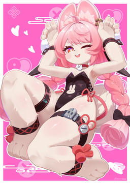 anklet anthro bare_shoulders braided_hair clothing collar cuffs_(clothing) ear_piercing ear_ring female hair jewelry legband leotard navel one_eye_closed open_mouth piercing pink_body pink_hair raised_arms red_eyes ring_piercing smile solo thighband wink young merge_(artist) mihoyo zenless_zone_zero zhao_(zenless_zone_zero) lagomorph leporid mammal rabbit hi_res