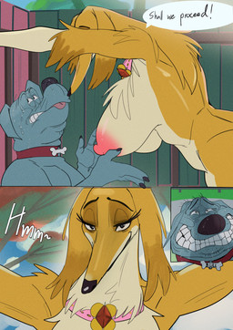 anthro anthro_on_anthro anthrofied big_breasts bodily_fluids breasts canon_couple collar dialogue duo female female_anthro fur intraspecies larger_female male male/female nervous nervous_smile nipples nude pose size_difference speech_bubble sweat teeth text rolling_beast fixed_(film) bull_(fixed) honey_(fixed) bloodhound borzoi canid canine canis domestic_dog hunting_dog mammal scent_hound sighthound absurd_res colored comic detailed digital_drawing_(artwork) digital_media_(artwork) english_text hi_res shaded