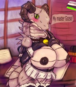 areola big_breasts breasts clothed clothed/nude clothing female maid_uniform nipples non-mammal_breasts non-mammal_nipples nude solo uniform gozso-alako fallout microsoft roszi_(gozso) deathclaw lizard reptile scalie hi_res
