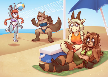 5_fingers 5_toes anthro ball bandeau_bikini beach beach_volleyball bikini bikini_bottom bikini_top book bottomwear breasts clothing crouching feet female fingers fur group hair holding_book holding_object horn humanoid_feet jumping lying navel net o-ring o-ring_bikini o-ring_bikini_top o-ring_swimwear on_back one-piece_swimsuit outside plantigrade playing_sport reading reading_book sand seaside sitting sky smile soles sport swimwear tail toes two-piece_swimsuit umbrella volleyball volleyball_(ball) volleyball_net water luchosfactory bovid canid canine canis caprine goat lagomorph leporid mammal procyonid rabbit raccoon wolf absurd_res digital_media_(artwork) hi_res