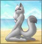 2017 4_toes anthro beach biped blush breasts butt claws clothing detailed_background digital_media_(artwork) dipstick_tail domestic_cat ear_piercing eyebrows eyelashes feet felid feline felis female fur grey_body grey_fur hair hair_over_eye half-closed_eyes hi_res kneeling looking_at_viewer mammal markings multicolored_tail narrowed_eyes nipples nude one_eye_obstructed outside pawpads piercing purple_eyes sand seaside sidnithefox simple_background sky smaller_version_at_source smile solo tail tail_markings toe_claws toes water white_body white_fur white_hair