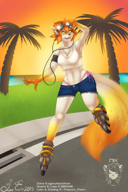 anthro beach bottomwear breasts chest_tuft cleavage clothed clothing electronics eyewear female fur headphones inline_skates midriff navel nipple_outline outside palm_tree plant roller_skates seaside shirt shorts skating solo sunglasses sunset tank_top text thong topwear tree tuft underwear galacticmichi jackalope_(artist) felid mammal english_text
